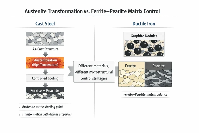 Austenite Transformation vs. Ferrite–Pearlite Matrix Control in Cast Steel and Ductile Iron