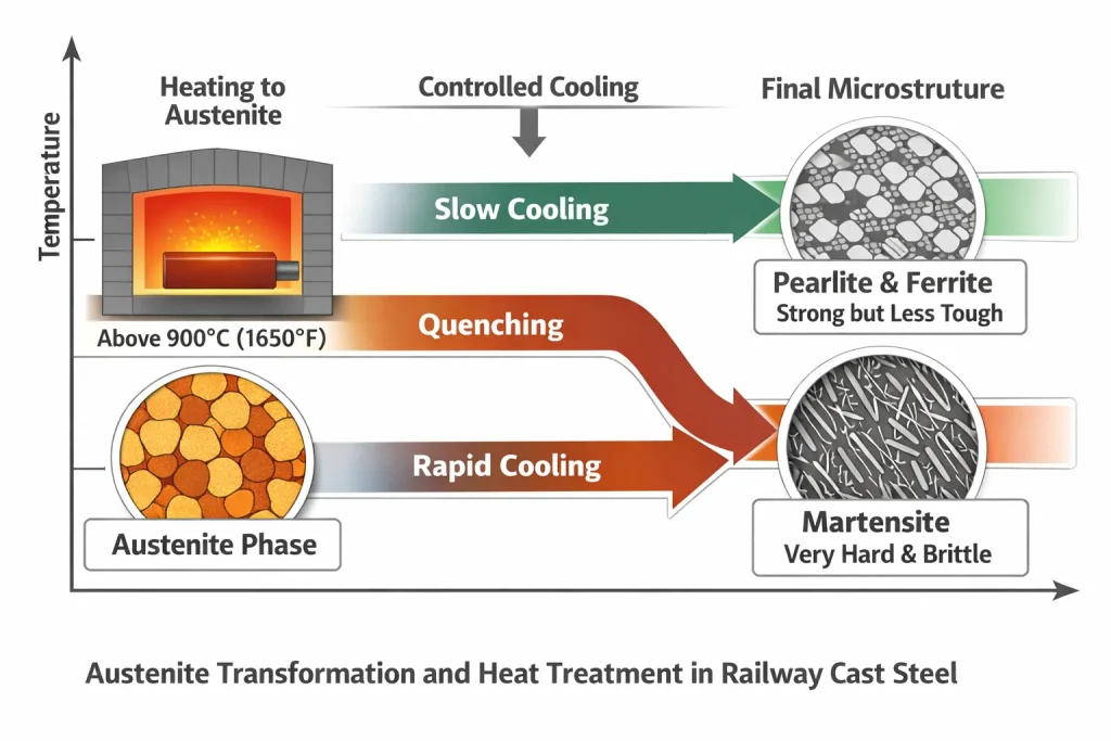 Austenite transformation and controlled cooling in railway cast steel, showing the progression from cast steel heating to final microstructure