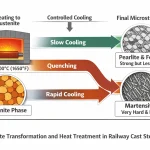 Austenite transformation and controlled cooling in railway cast steel, showing the progression from cast steel heating to final microstructure