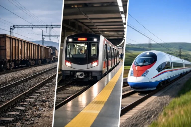 Comparison of freight trains, metro systems, and high-speed trains operating under different railway service conditions