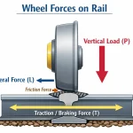Diagram of a railway wheel on a rail showing forces: vertical load downward, lateral force to the side, friction force at the contact point, and traction/braking force along the rail.