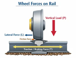 Diagram of a railway wheel on a rail showing forces: vertical load downward, lateral force to the side, friction force at the contact point, and traction/braking force along the rail.