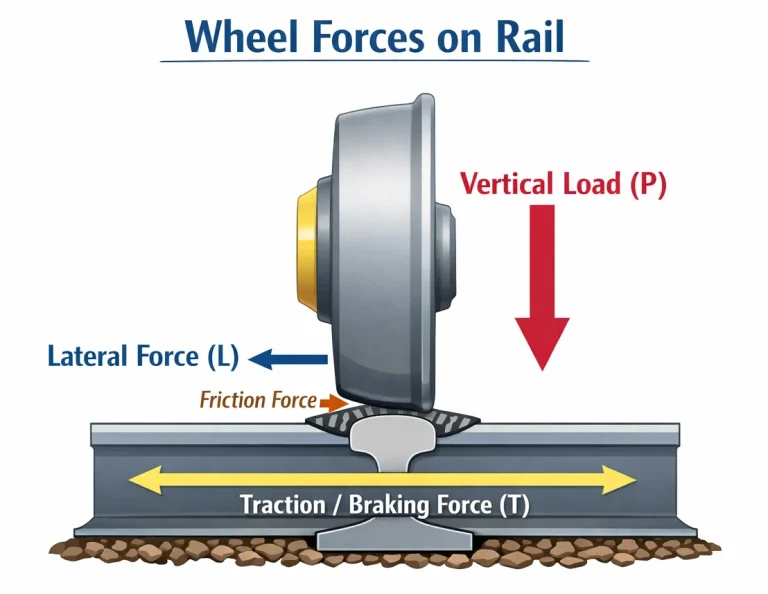 Diagram of a railway wheel on a rail showing forces: vertical load downward, lateral force to the side, friction force at the contact point, and traction/braking force along the rail.
