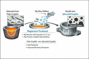Magnesium treatment process showing the transformation from flake graphite to spheroidal graphite in ductile iron