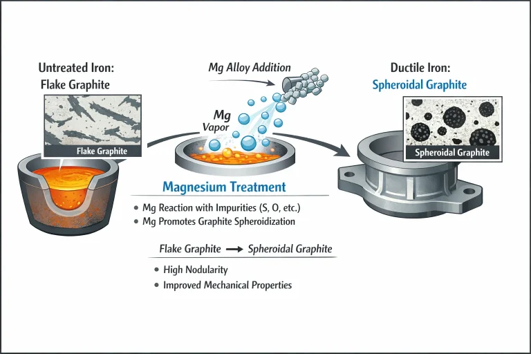 Magnesium treatment process showing the transformation from flake graphite to spheroidal graphite in ductile iron