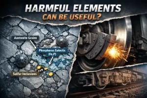 Microstructure of high-phosphorus cast iron, showing phosphorus eutectic and sulfur inclusions, with a brake shoe illustrating real-world friction applications