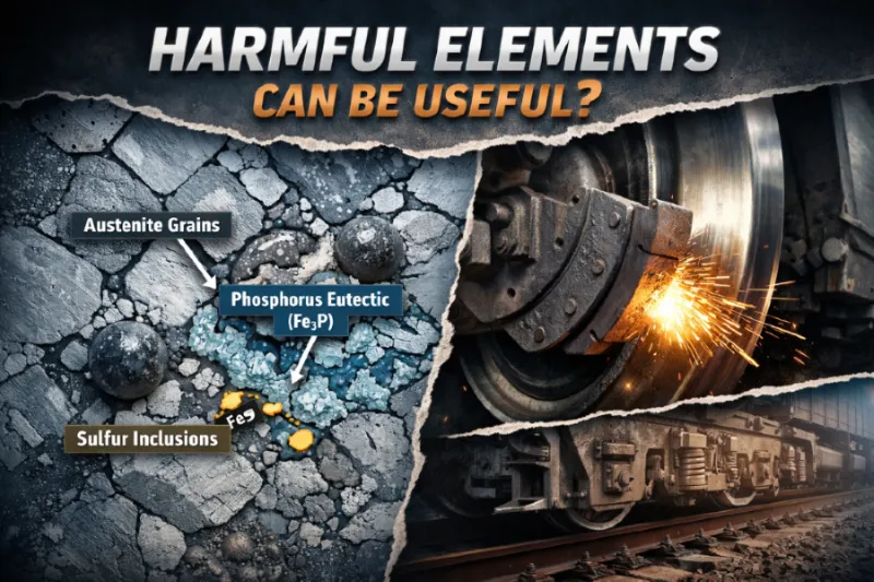 Microstructure of high-phosphorus cast iron, showing phosphorus eutectic and sulfur inclusions, with a brake shoe illustrating real-world friction applications