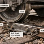 Railway wheel passing over a rail joint with fishplate and bolts, showing the connection between wheel, rail, and fishplate
