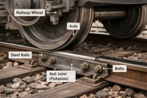Railway wheel passing over a rail joint with fishplate and bolts, showing the connection between wheel, rail, and fishplate