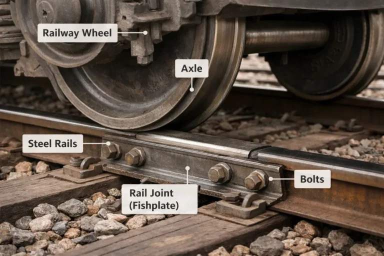 Railway wheel passing over a rail joint with fishplate and bolts, showing the connection between wheel, rail, and fishplate