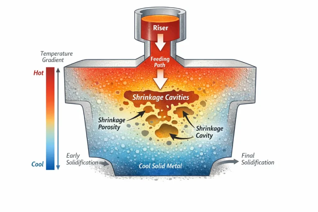 Shrinkage and porosity formation in railway castings during solidification, showing temperature gradient, feeding path, and shrinkage cavities