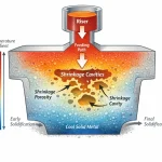 Shrinkage and porosity formation in railway castings during solidification, showing temperature gradient, feeding path, and shrinkage cavities