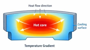 Temperature gradient from the hot core to the cooling surface in a large railway casting