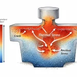 Thermal stress and crack formation in a railway casting during cooling, showing temperature gradients and residual stress areas