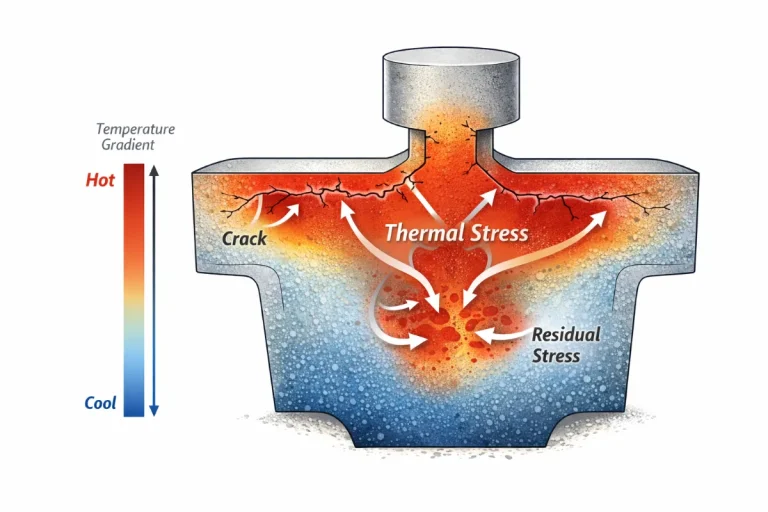 Thermal stress and crack formation in a railway casting during cooling, showing temperature gradients and residual stress areas