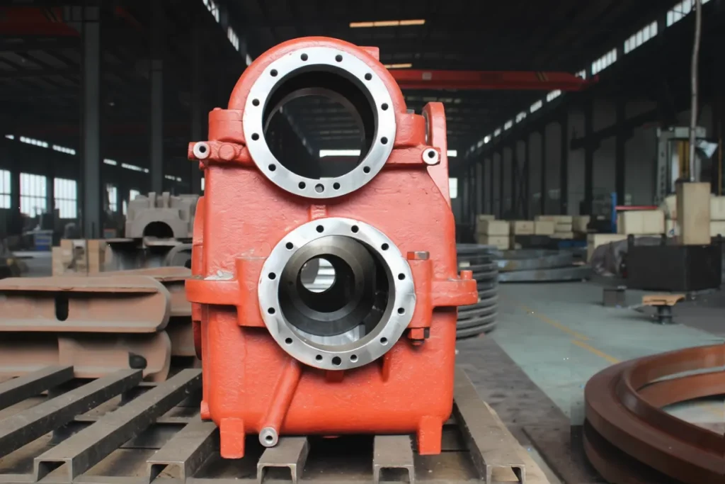 Large railway castings locomotive gearbox housing displayed in manufacturing workshop