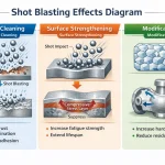 Diagram illustrating the effects of shot blasting on railway wheels and castings, showing surface cleaning, stress layer formation, and improved fatigue resistance