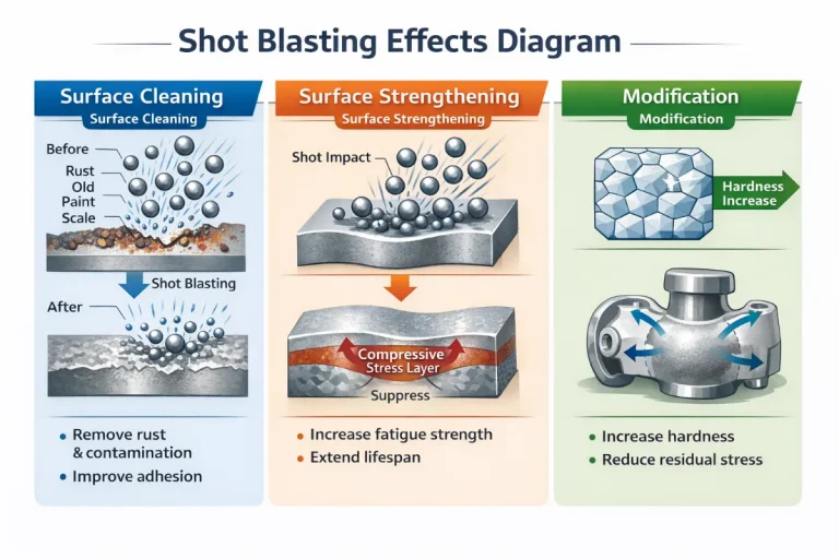 Diagram illustrating the effects of shot blasting on railway wheels and castings, showing surface cleaning, stress layer formation, and improved fatigue resistance