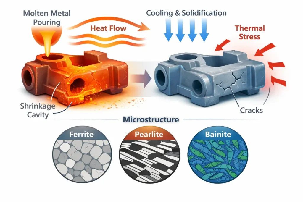 Railway axle box casting showing heat flow and internal microstructure zones including ferrite, pearlite, and bainite
