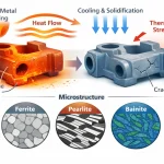 Railway axle box casting showing heat flow and internal microstructure zones including ferrite, pearlite, and bainite