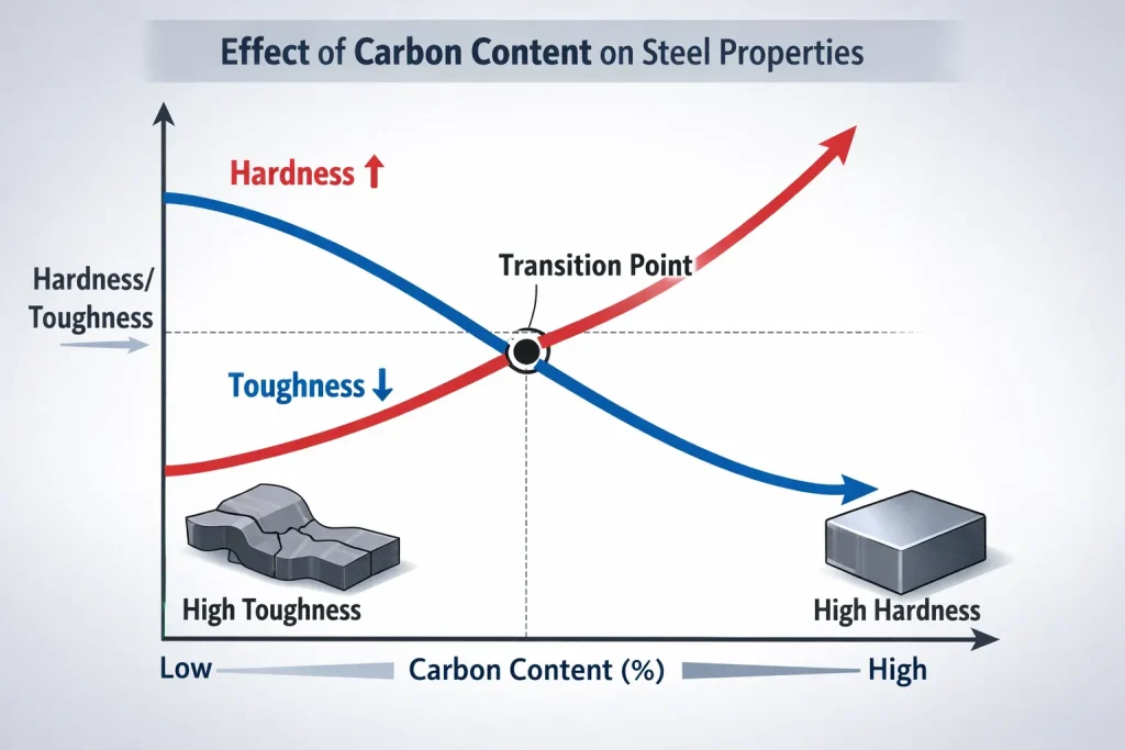 Infographic showing how increasing carbon content in steel raises hardness while reducing toughness, with intersecting curves indicating a transition point between the two properties.