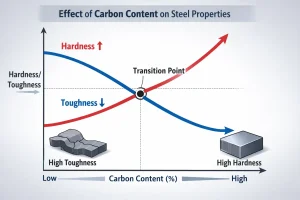 Infographic showing how increasing carbon content in steel raises hardness while reducing toughness, with intersecting curves indicating a transition point between the two properties.
