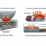 Educational diagram showing railway wheel wear at the wheel–rail contact patch and thermal cracking caused by repeated braking