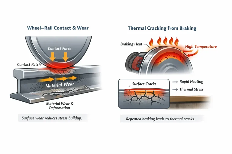 Educational diagram showing railway wheel wear at the wheel–rail contact patch and thermal cracking caused by repeated braking