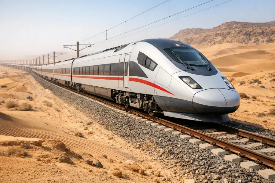 High-speed train running on elevated railway bridge, representing high-speed railway castings demand in developing countries