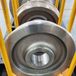 Railway wheels after shot blasting with clean and uniform metallic surface finish