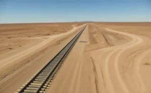 Ferrovia exposta a tempestades de areia e dunas desérticas em movimento no ambiente do Saara