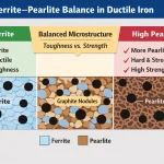 Schematic diagram showing ferrite–pearlite balance in ductile iron microstructure, comparing high-ferrite, balanced, and high-pearlite matrices with graphite nodules.