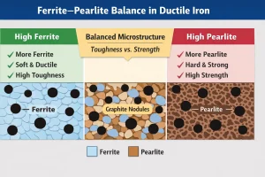 Schematic diagram showing ferrite–pearlite balance in ductile iron microstructure, comparing high-ferrite, balanced, and high-pearlite matrices with graphite nodules.