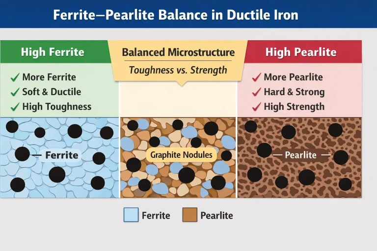 Schematic diagram showing ferrite–pearlite balance in ductile iron microstructure, comparing high-ferrite, balanced, and high-pearlite matrices with graphite nodules.