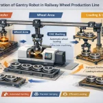 Automated gantry robot transferring hot railway wheels in factory production process