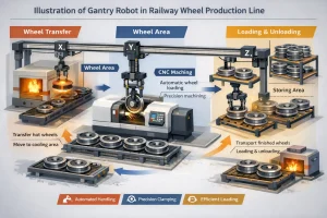 Automated gantry robot transferring hot railway wheels in factory production process