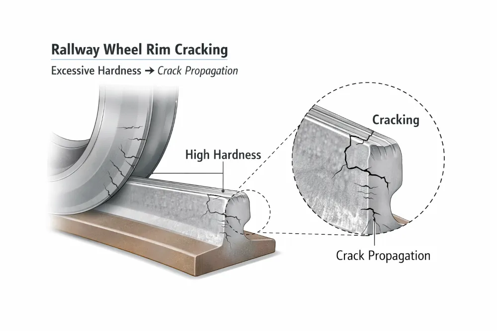 Cosa succede se le ruote ferroviarie sono troppo dure? 2 illustration of railway wheel rim cracking showing how excessive hardness can lead to crack initiation and crack propagation