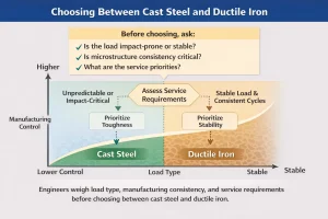 decision matrix showing how engineers choose between cast steel vs. ductile iron based on load type, manufacturing control, and service requirements