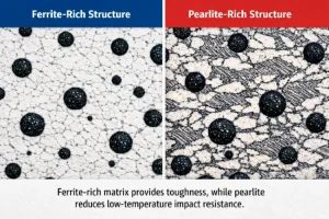 Confronto della microstruttura della ghisa duttile a bassa temperatura ricca di ferrite e ricca di perlite.