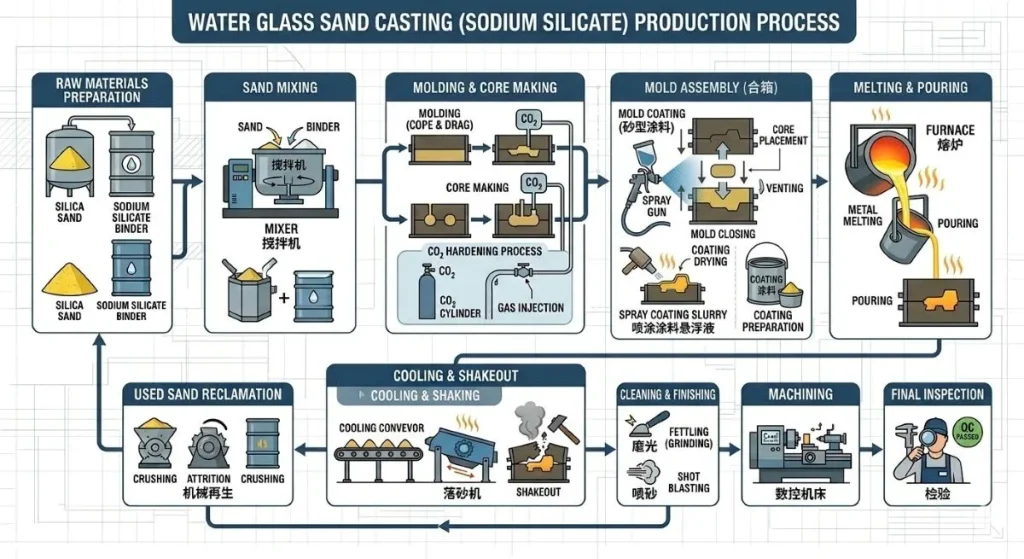 A detailed industrial process flowchart illustrating the complete production line of Water Glass Sand Casting (Sodium Silicate Process), from raw materials preparation and CO₂ hardening to pouring, shakeout, and final inspection.