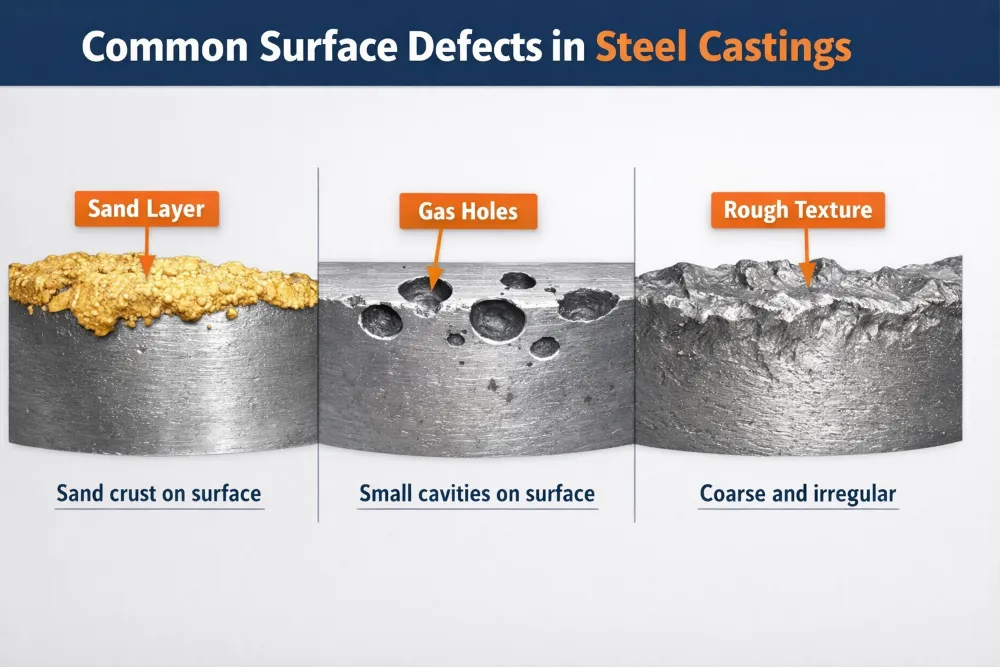 illustration of common steel casting surface defects including sand adhesion pitting and rough surface
