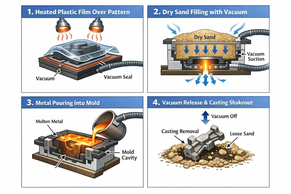 V process casting steps diagram showing vacuum molding sand casting process