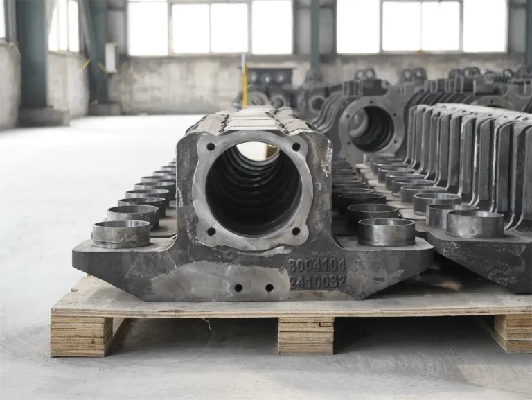 Large steel railway locomotive axle box steel castings, partially machined, unpainted, neatly lined up in the workshop