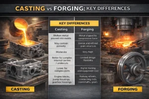 Comparison of casting and forging processes for metal parts, highlighting key differences in strength, precision, and complexity.