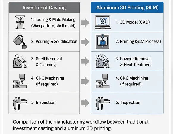 Side-by-side comparison of investment casting and aluminum 3D printing workflows for complex industrial component manufacturing