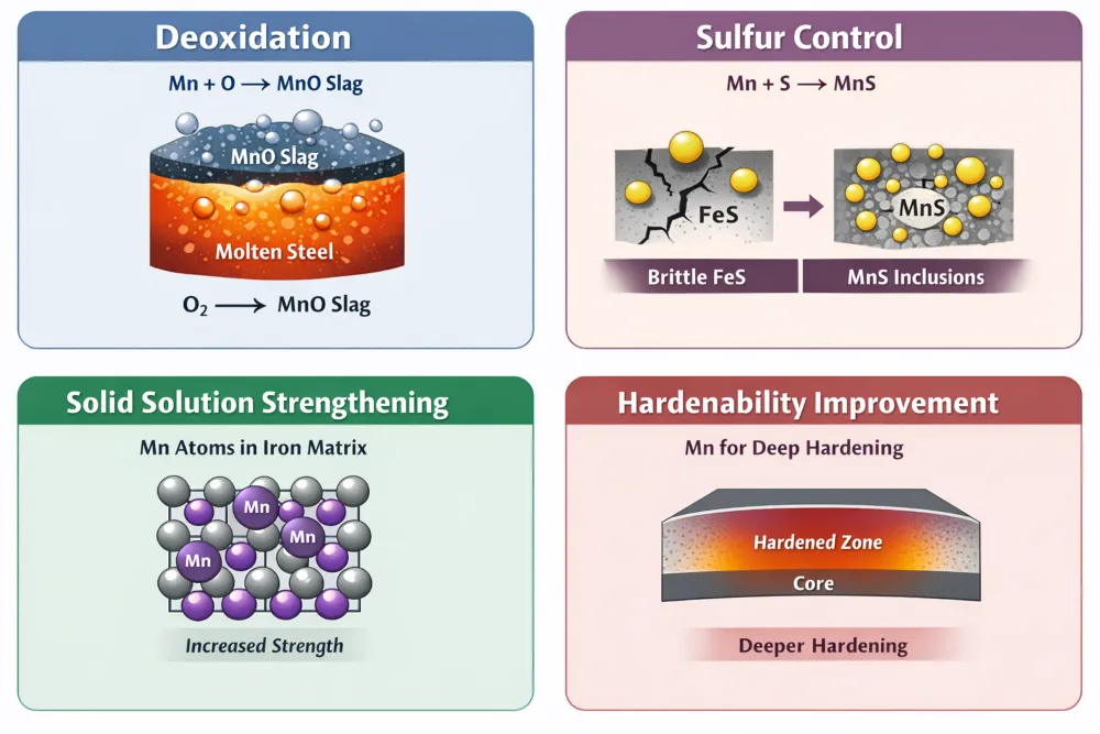 Diagram showing the metallurgical roles of manganese in steel, including deoxidation, sulfur control, solid solution strengthening, and hardenability improvement.