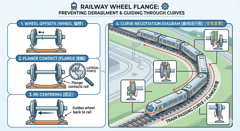 How railway wheels flange prevents derailment by guiding wheel back to rail