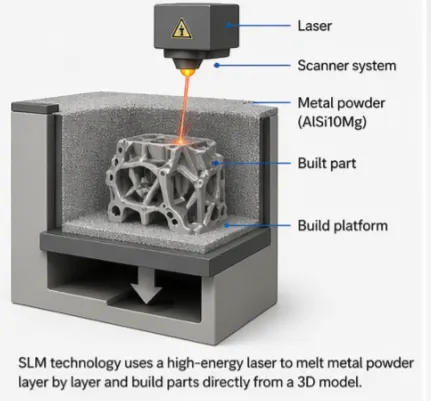 Selective Laser Melting process for aluminum 3D printing showing laser melting metal powder layer by layer to build complex parts