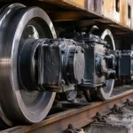 Double-flange heavy-duty railway wheels installed on industrial track, showing polished rims and double-flange design
