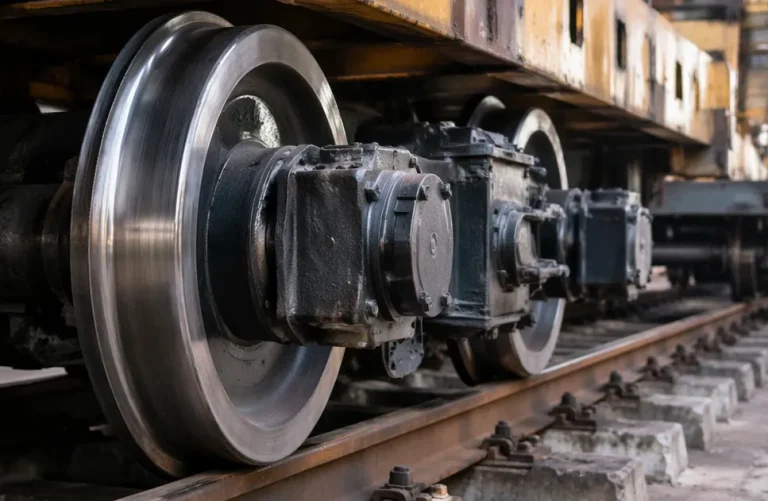 Double-flange heavy-duty railway wheels installed on industrial track, showing polished rims and double-flange design